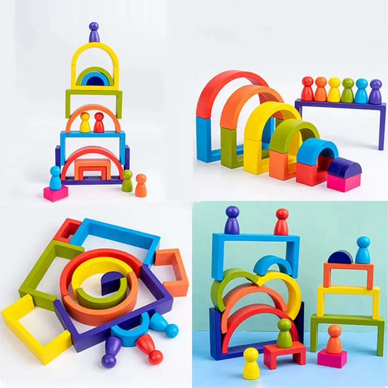 3D Early Childhood Education Montessori Toys Baby Wooden Building Block BPA Free Rainbow Block Baby Newborn Toddler Puzzle Gifts