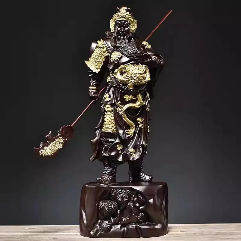 Large Ebony Wood Carving Guan Gong Statue - Chinese God of Wealth & Protection, Handcrafted Feng Shui Warrior Sculpture for Home