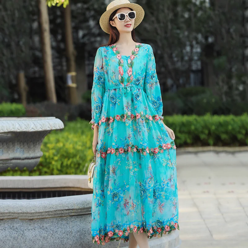 

Street-Style Romantic Sea Blue Spring New Female V-Neck Wrist Sleeve Fashion Print+Palace Embroidery Mid-Length Dress One Size