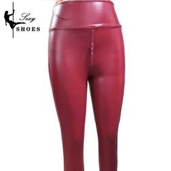 Black Matte Leather Bodycon Nightclub Leggings with Double Zipper Open Crotch - S (Burgundy)