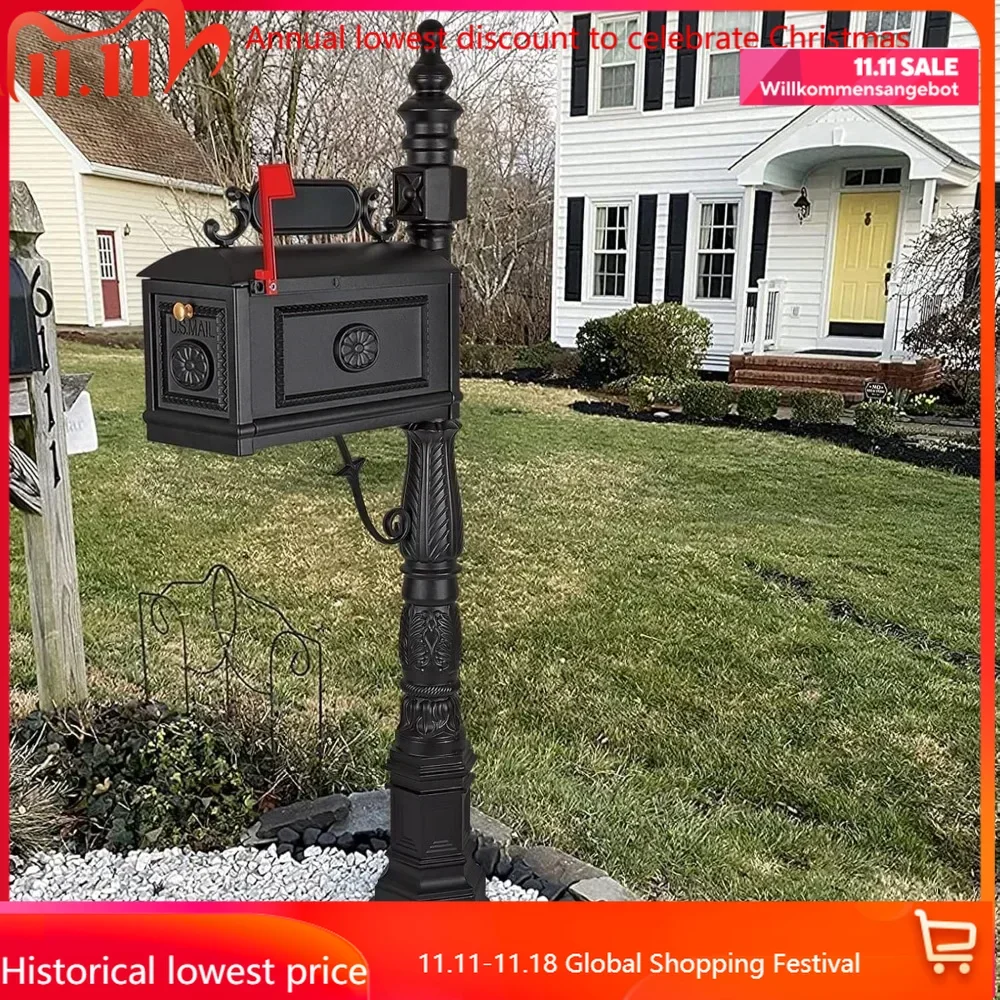 Barcelona Decorative Post Mailbox Combination Stratford Heavy Duty Postal Mail Box Cast Aluminum(Black)