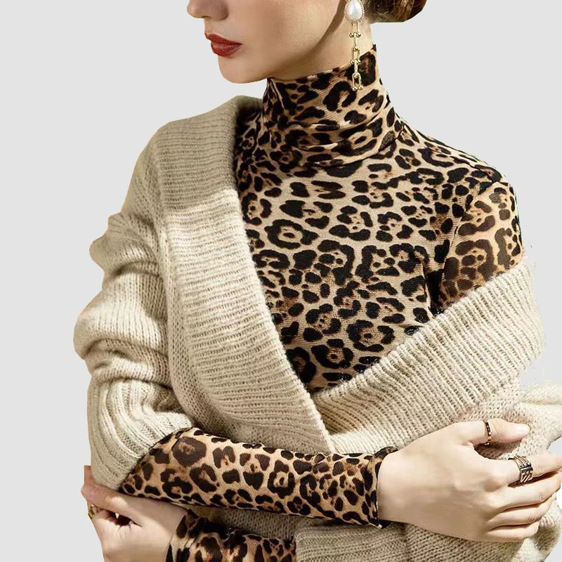 1pcs Women Autumn Leopard Print High Collar Mesh Long-sleeved Tops Lady Thermal Underwear Slim Fit Fashion New Style Thin Top