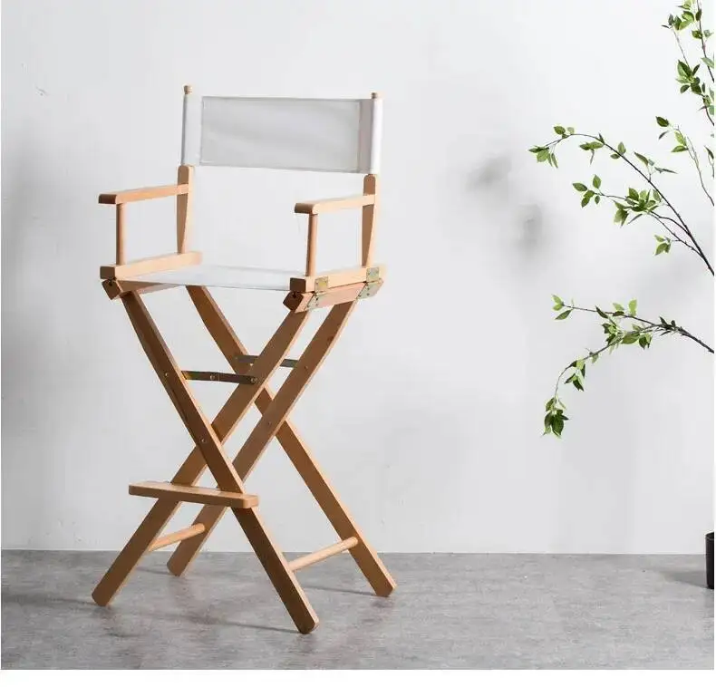 Solid Wood Director Chair Canvas Folding Leisure Home Bar Counter Office Chair Outdoor Makeup Chair Fishing Props High Feet