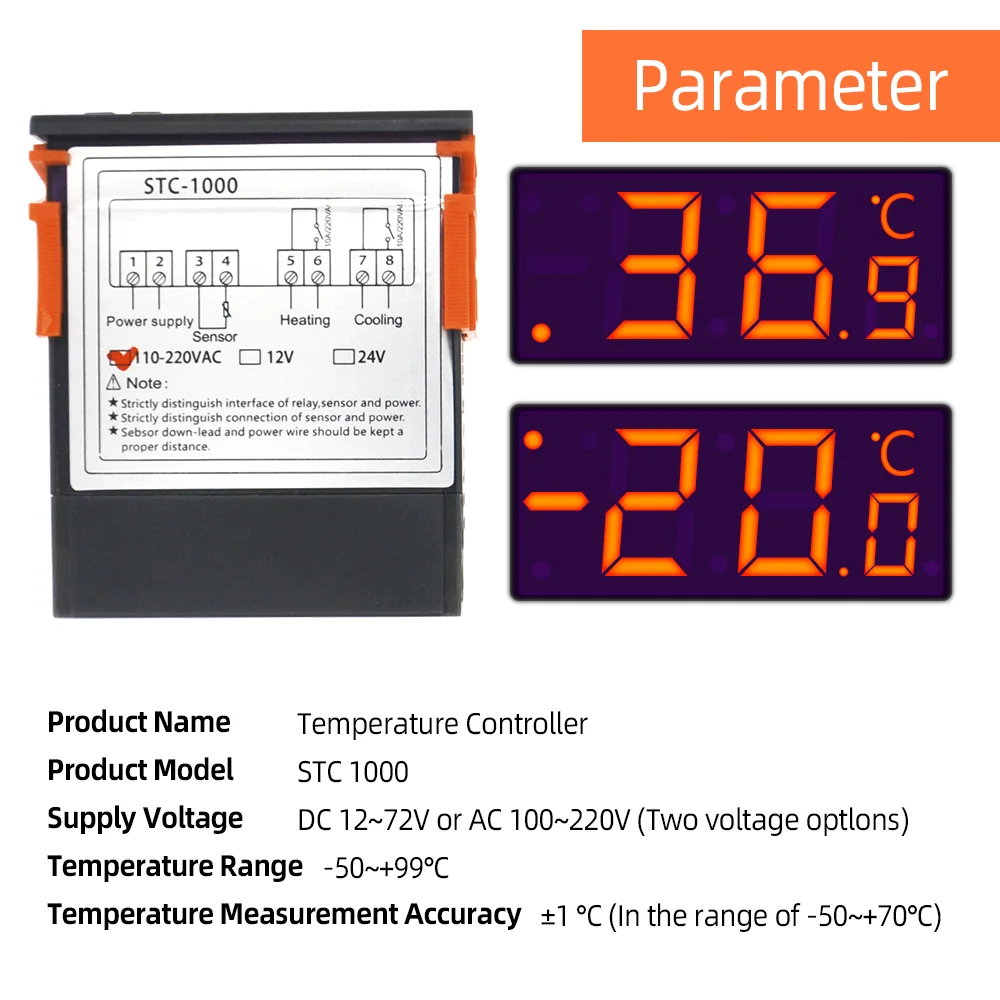 STC-1000 220V 12V 24V Digital Temperature Controller Thermostat for Heating Cooling