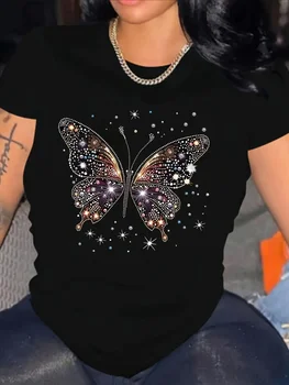 Butterfly T-Shirt Women's Casual Sleeve T-Shirt Round Neck Top Regular Fit Butterfly Print Star Ladies TShirts Aesthetic Clothes 1