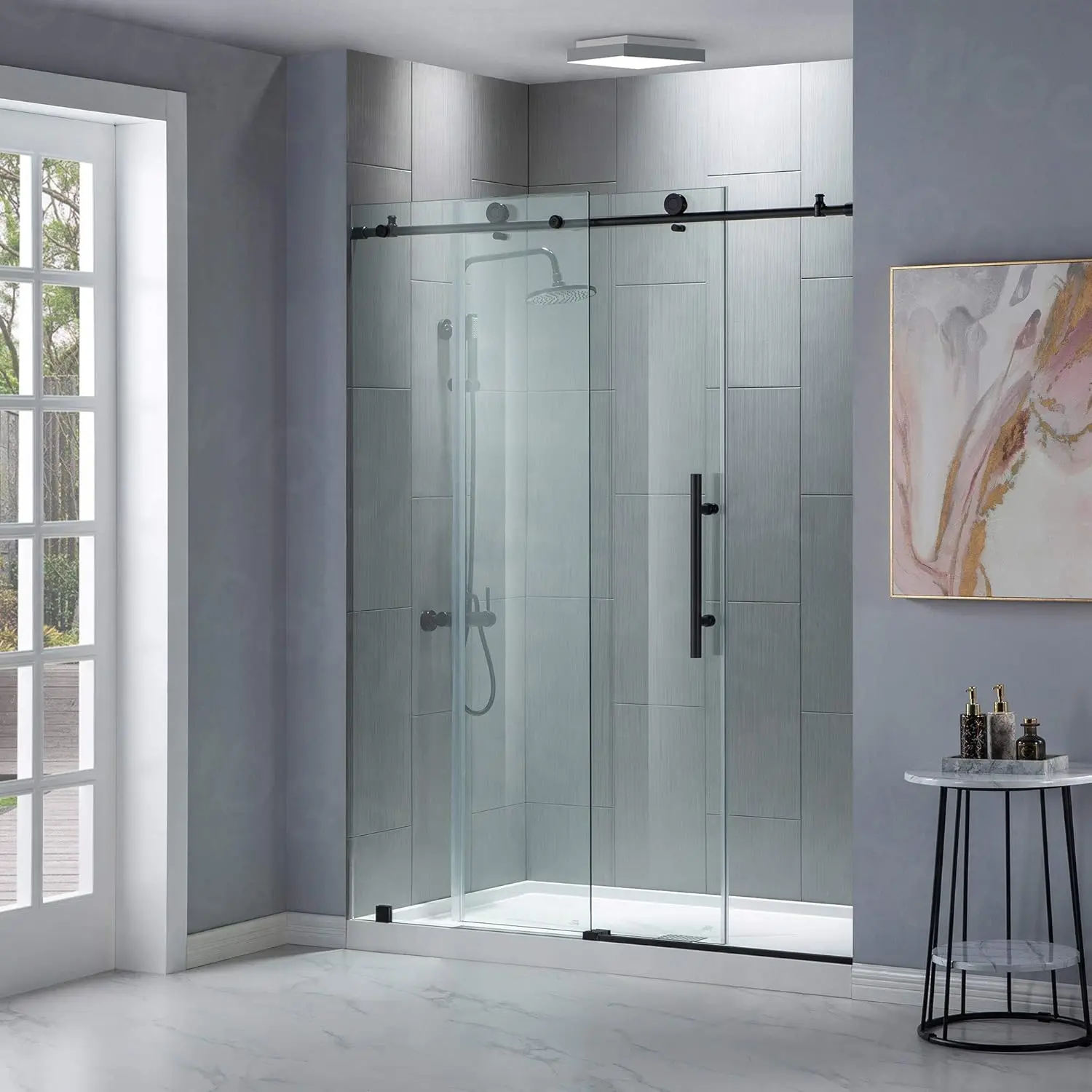 Frameless Sliding Shower Width Height Clear Tempered Glass Black Finish Designed for Smooth Door Closing Anti splash threshold 6