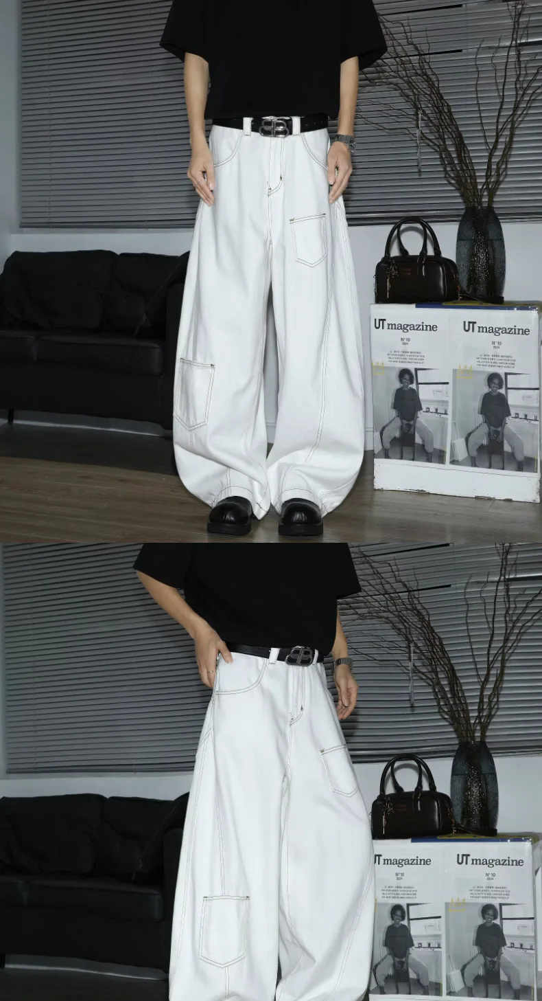 Y2K Men's Jeans White High-Waisted Wide-Leg Denim Pants Retro Baggy Style Fashion Loose Fit Casual Denim Trousers Streetwear