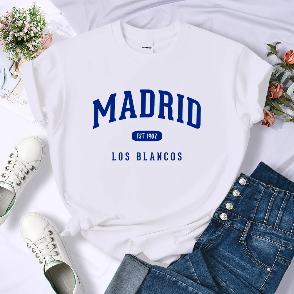 Maglietta Con Stampa Di Lettere Spagna Madrid Est 1902 Los Blancos Sport Femminile Casual Cute Tops Sweat Hip Hop Soft Traspirante T-Shirt Da Donna