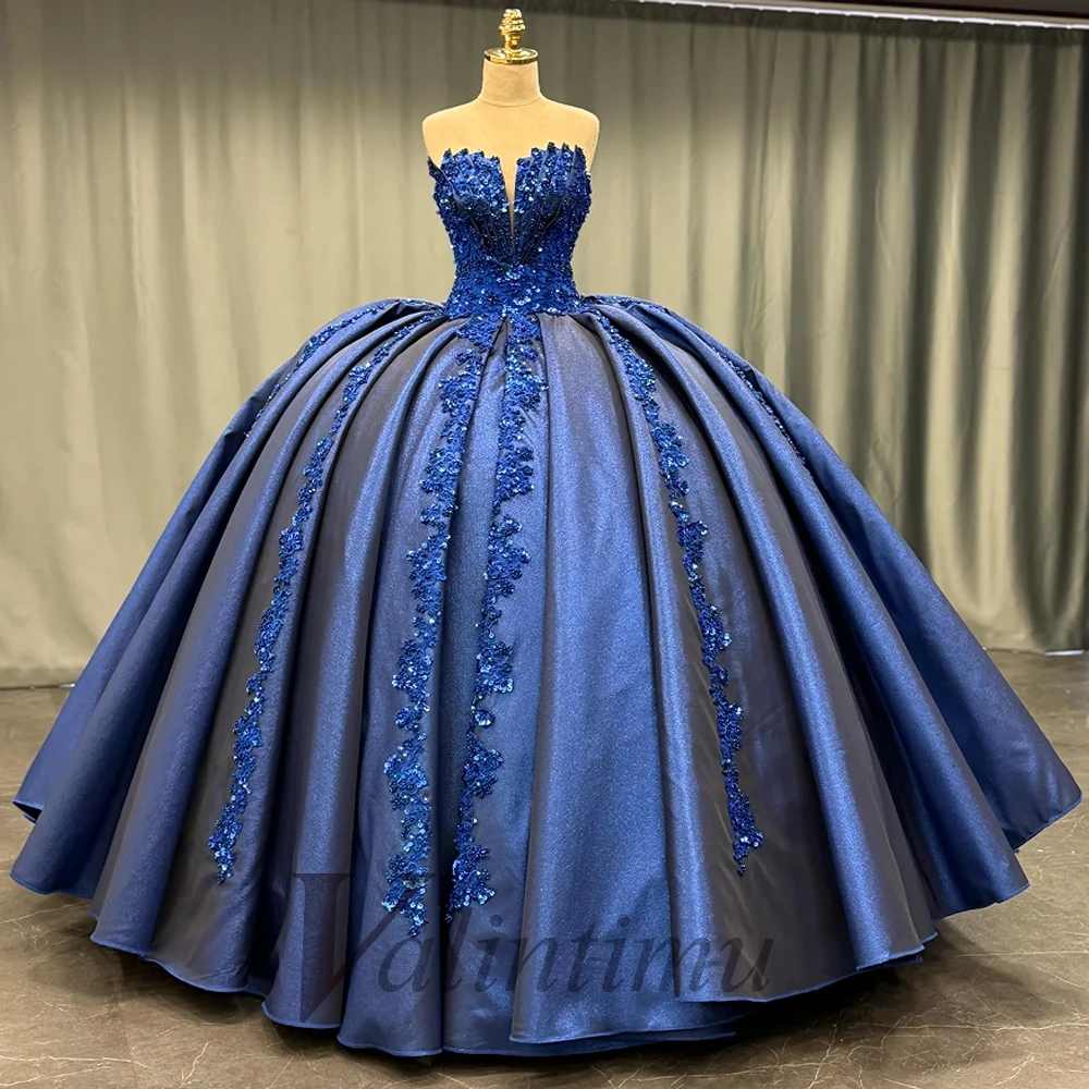 Valintimu Glamorous Strapless Quinceanera Dresses Prom Gown for Girls Satin Ball Gown Robe Princess Bleu Femme Customized