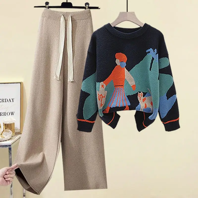 Korean Cartoon Comics Knitted Sweater Pullover Lace Up Knitted Pants Two Piece Set Elegant Women's Pants Set Winter Outfits