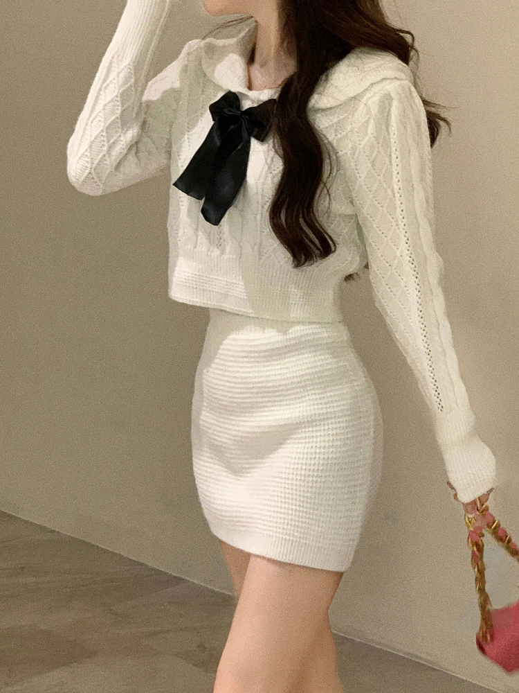 

Элегантный комплект из 2 предметов, Женский Повседневный трикотажный свитер и мини-юбка, женская осенняя одежда 2023, модные шикарные костюмы в Корейском стиле Y2k