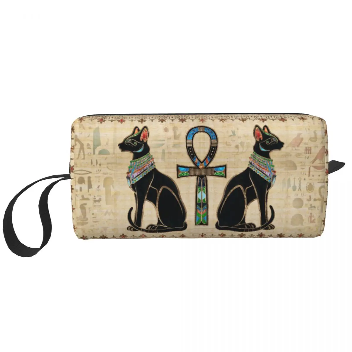 

Egyptian Cats And Ankh Cross Makeup Bag Pouch Zipper Cosmetic Bag Travel Toiletry Small Makeup Pouch Storage Purse for Women