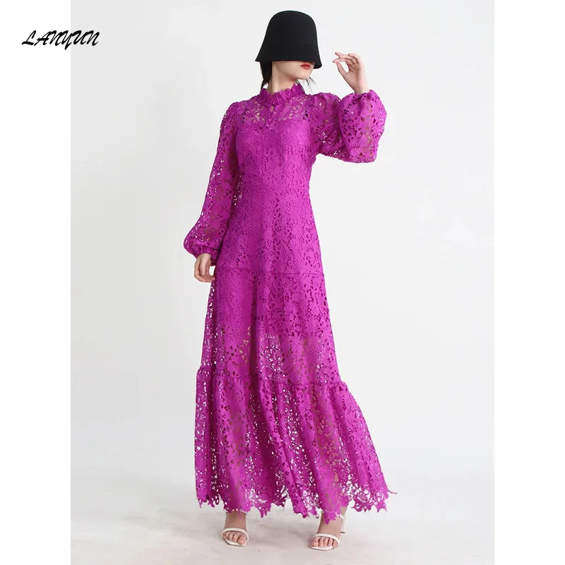 

LANMU Embroidery Elegant Dresses For Women Stand Collar Long Sleeve High Waist Solid Hollow Out Maxi Dress Female Spring New
