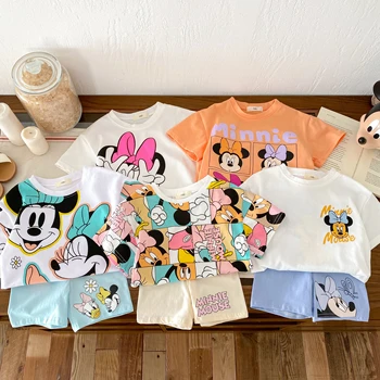 Girls Child Suits Cartoon TShirt Solid Color Shorts 2pcs Short Sleeve Tracksuits Outer Wear Kids Casual Cute Black Tees Outfit 1