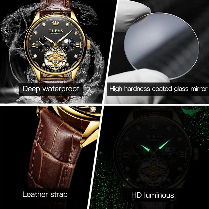 OLEVS Brand New Fashion Tourbillon Mechanical Watch for Men Leather Strap Waterproof Luxury Diamond Moon Phase Mens Watches