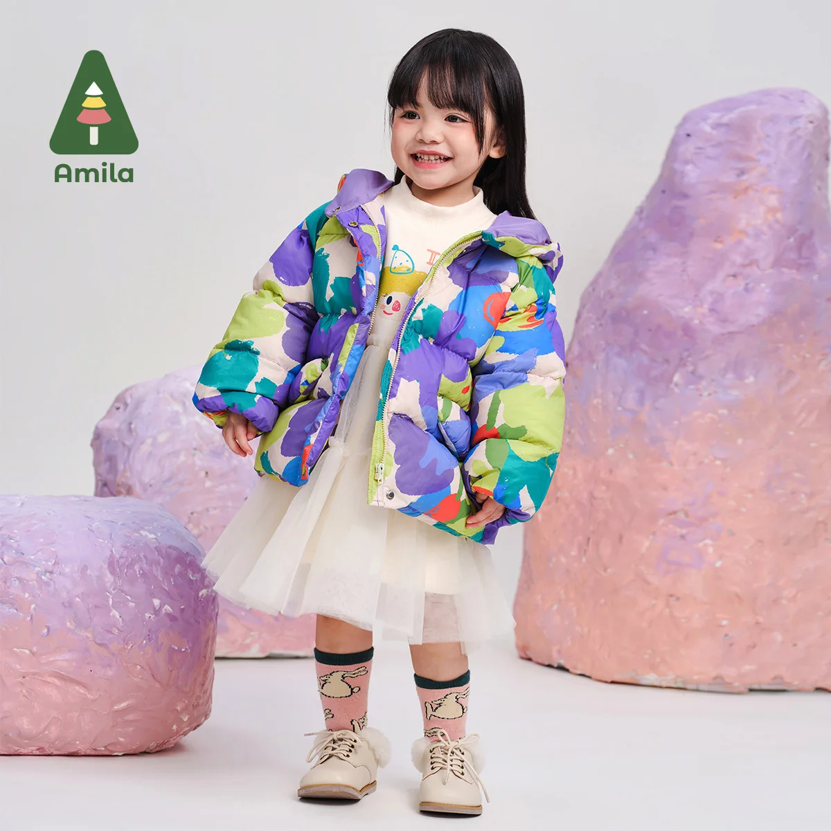 Amila Baby Down Jacket Winter New High Quality Girls Hooded Graffiti White Duck Down Warm Loose Casual Children&lsquo;s Jacket