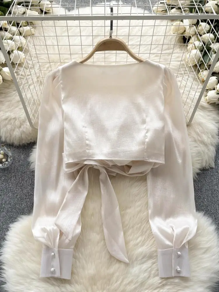 Camisa de vendaje con lazo cruzado Beige para mujer, ropa de diario francesa, Tops cortos formales con cuello en V, blusa elegante de moda, nuevo, otoño - Image 3