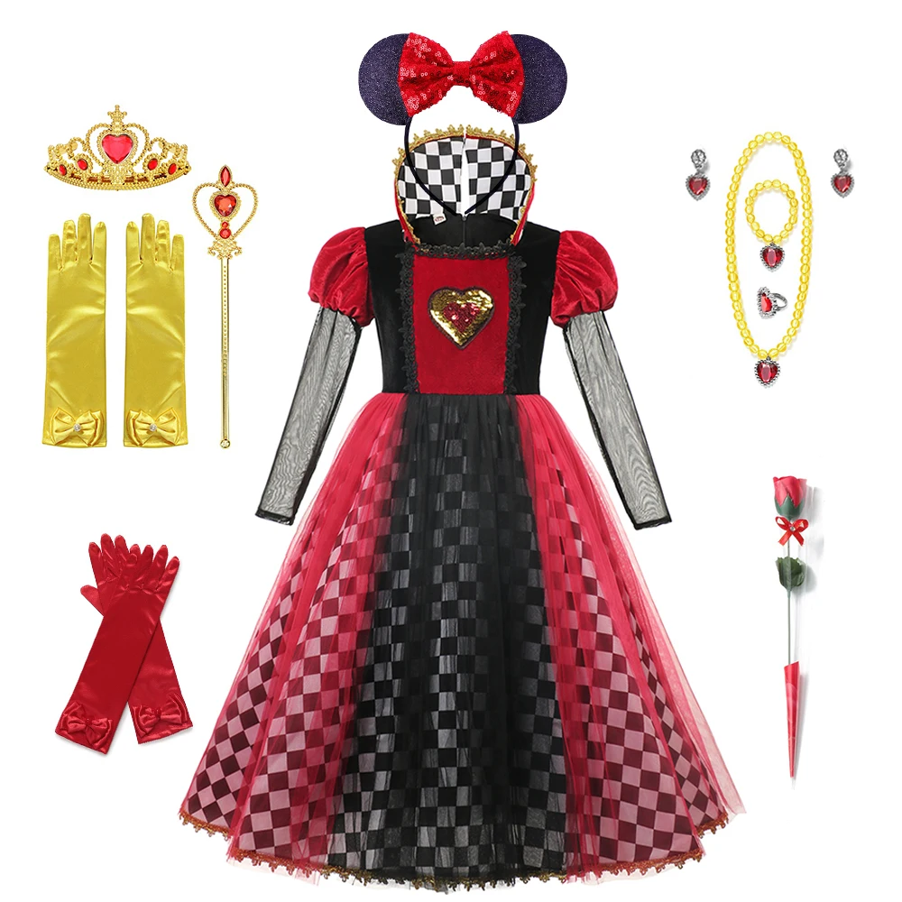 

Halloween The Red Queen Cosplay Dress Disguise Queen Of Hearts Girl Party Carnival Princess Clothing Alice Wonderland Costume