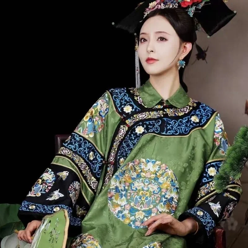 Chinese Women Qipao Dress Qing Dynasty Style Stand Up Collar Long Sleeved Printed Cheongsam Girl Traditional Costumes