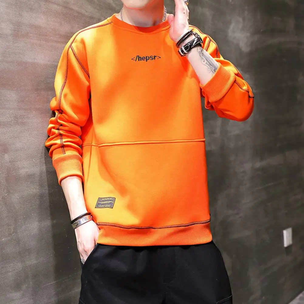 

Pullover Sweatshirt Stylish Men's Embroidered Sweatshirts Loose Fit Elastic Cuffs Solid Colors for Fall Spring Fashion O Neck