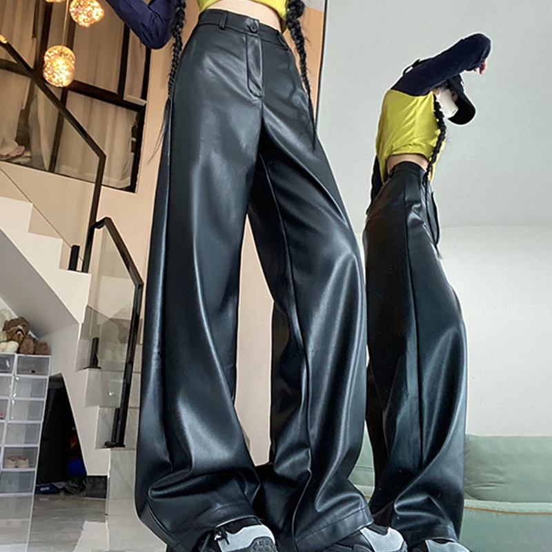 Autumn Winter Women PU Leather Straight Pant Lady High Waist Faux Leather Pants Casual Loose Streetwear Wide Leg Trousers