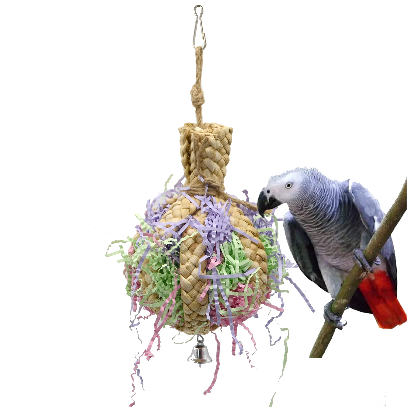 Natural Bamboo & Pith Ball Shredder Chew Toy For Parrots - Destroyer String For Conures, Cockatiels, Lovebirds, Budgies | Foraging & Biting Activity | Bird Cage Enrichment Toy