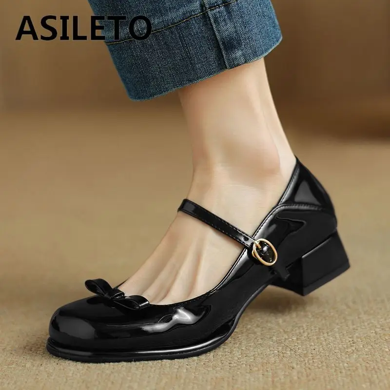 

ASILETO Sweet Female Pumps Square Toe Chunky Heels 4.5cm Buckle Strap Bowknot Female Dating Shoes Spring Autumn Big Size 42 43