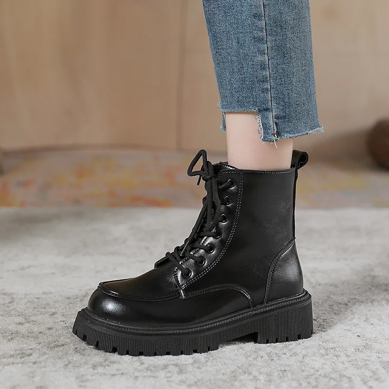 Women's Boots Fashion Spring Autumn platform Shoes women Thick Sole Short Boots Vintage Motorcycle Velvet Leather Boots