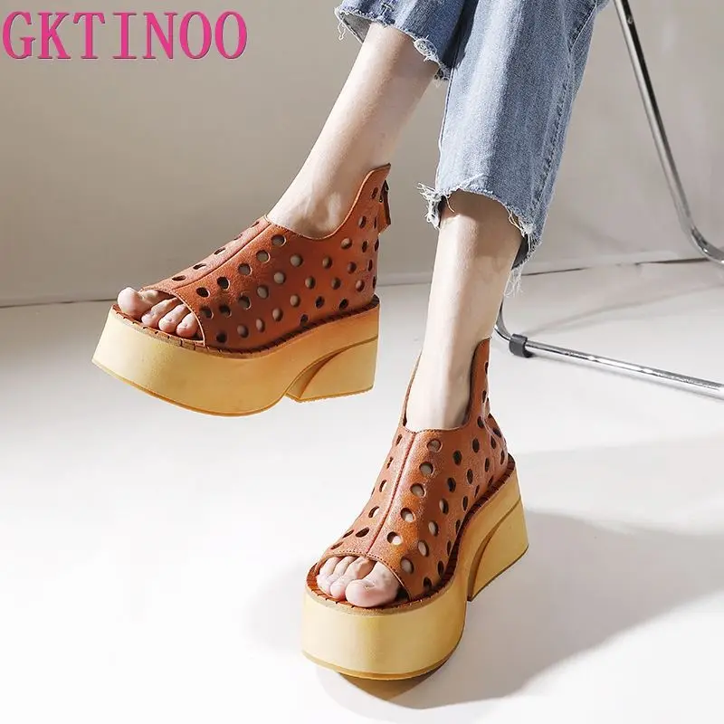 GKTINOO Spring Summer 100% Genuine Leather Boots Breathable Hollow Boots Flat Soft Non-slip Big Size Comfortable Shoes Women