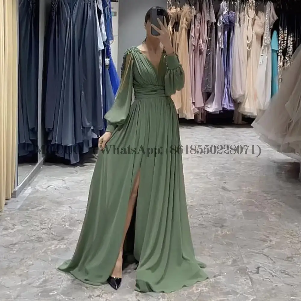 

Green Prom Dresses V-Neck Long Puffy Sleeves Beaded Chiffon Evening Gown for Wedding Arabic Celebrity Party