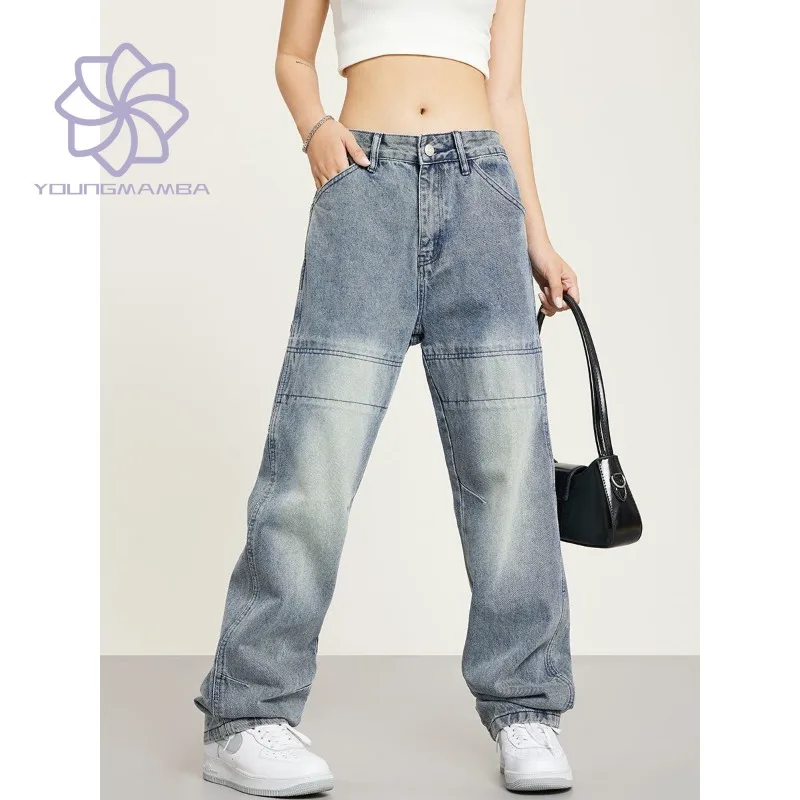 

Однотонные потертые американские ретро джинсы в стиле High Street, женские свободные облегающие прямые джинсовые брюки, модные винтажные брюки