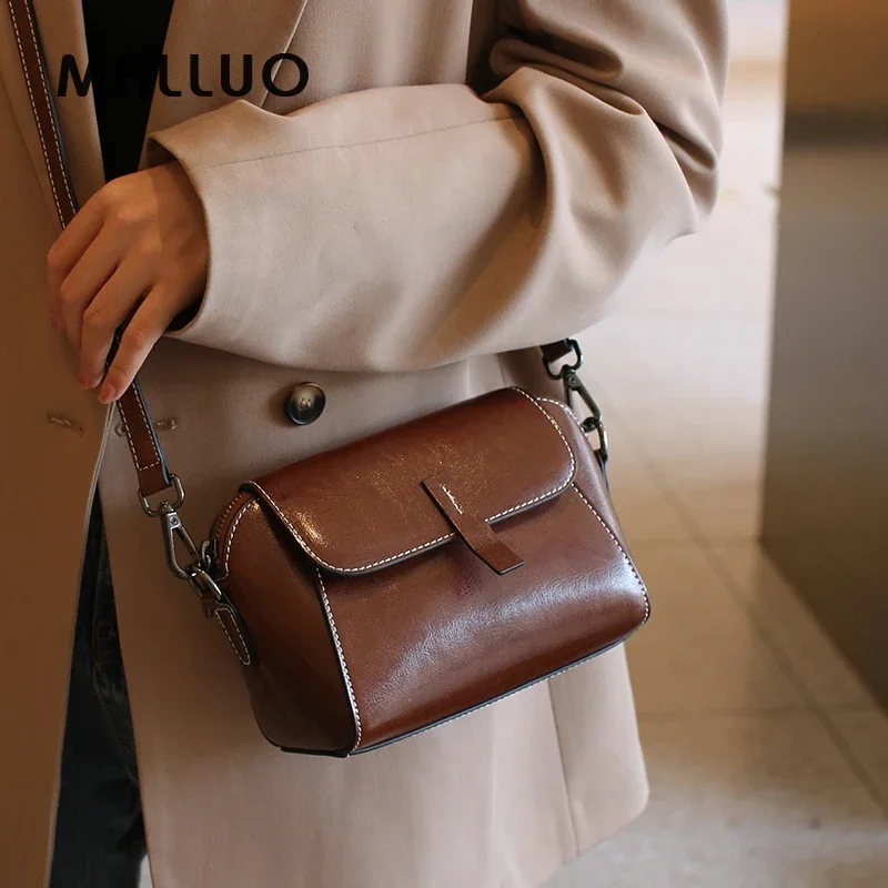 Oil Wax Cowhide Genuine Leather Crossbody Small Bag for Women Handbag