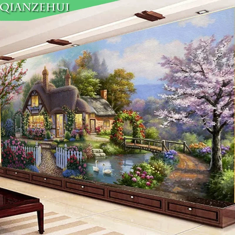 Cross Stitch Kit QIANZEHUI DIY Landscape Painting Cross stitch Garden hut Dream home Cross-stitch Sets for Embroidery
