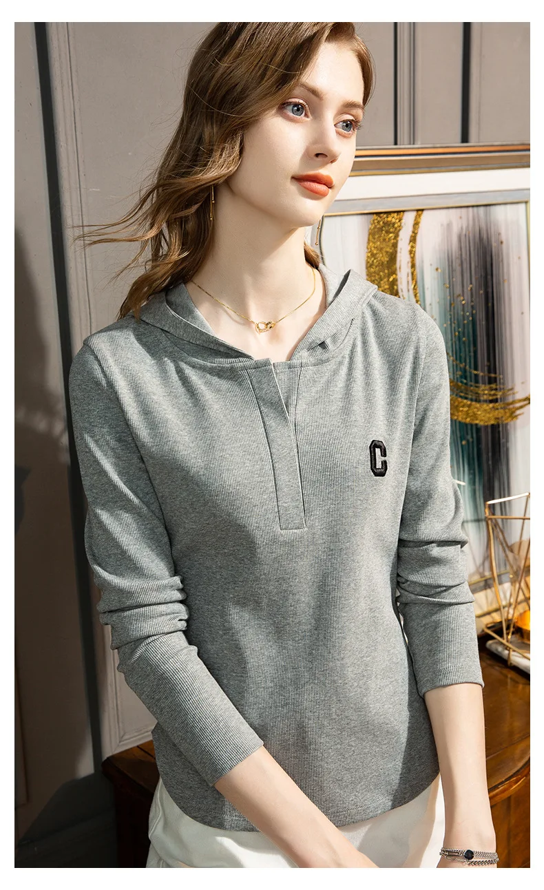 

2023 Autumn Women's New Long Sleeve T-shirt Women's Korean Version Casual Hooded T-shirt Letter Versatile T-shirt Top Women