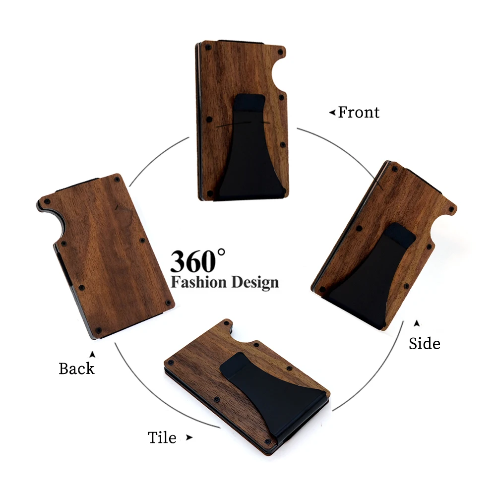 Metal Money Clip RFID Blocking Men's Wooden Wallet Ultra Thin Metal Money Clip For Men Minimalist Wooden Aluminum Wallet Card Holder