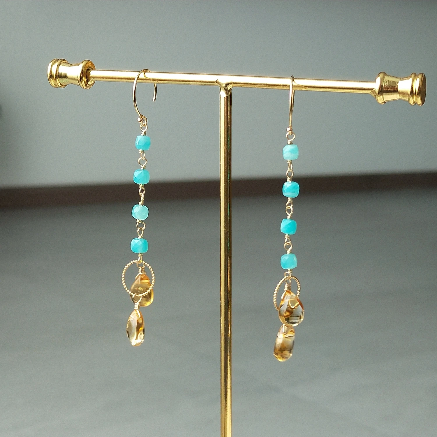 

Lii Ji Natural Amazonite Citrine American 14K Gold Filled Earrings Real Gemstone Long Dangle Earrings Handmade Jewelry