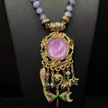 Moonlight Dream Angel Face Necklace KF Retro Wing Heart Star Moon Tassel Necklace