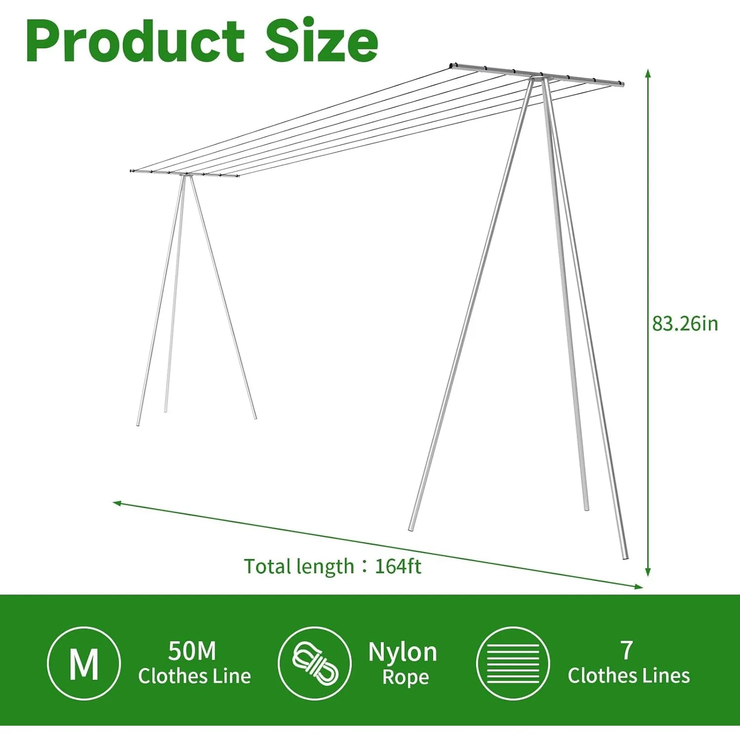 164 FT Tripod Clothes Drying Rack,T-Shaped Outdoor Clothesline Rack with 7 Lines,Clothes Line Outdoors Heavy Duty Parallel Frame 2