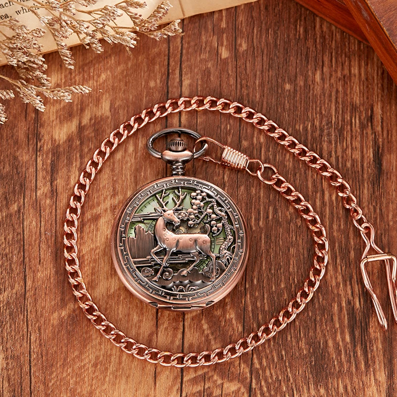 Rose Gold Deer Luminous Mechanical Pocket Watch Goat Hollow Fob Chain Box Package Men Women Watches for Christmas Gift