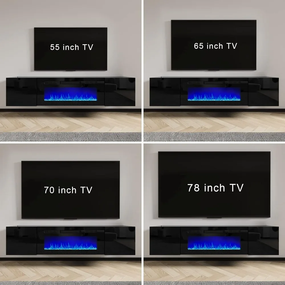 Floating TV Stand with 36" Electric Fireplace, High Gloss Finish Wall Mounted Fireplace Entertainment Center with Storage 5