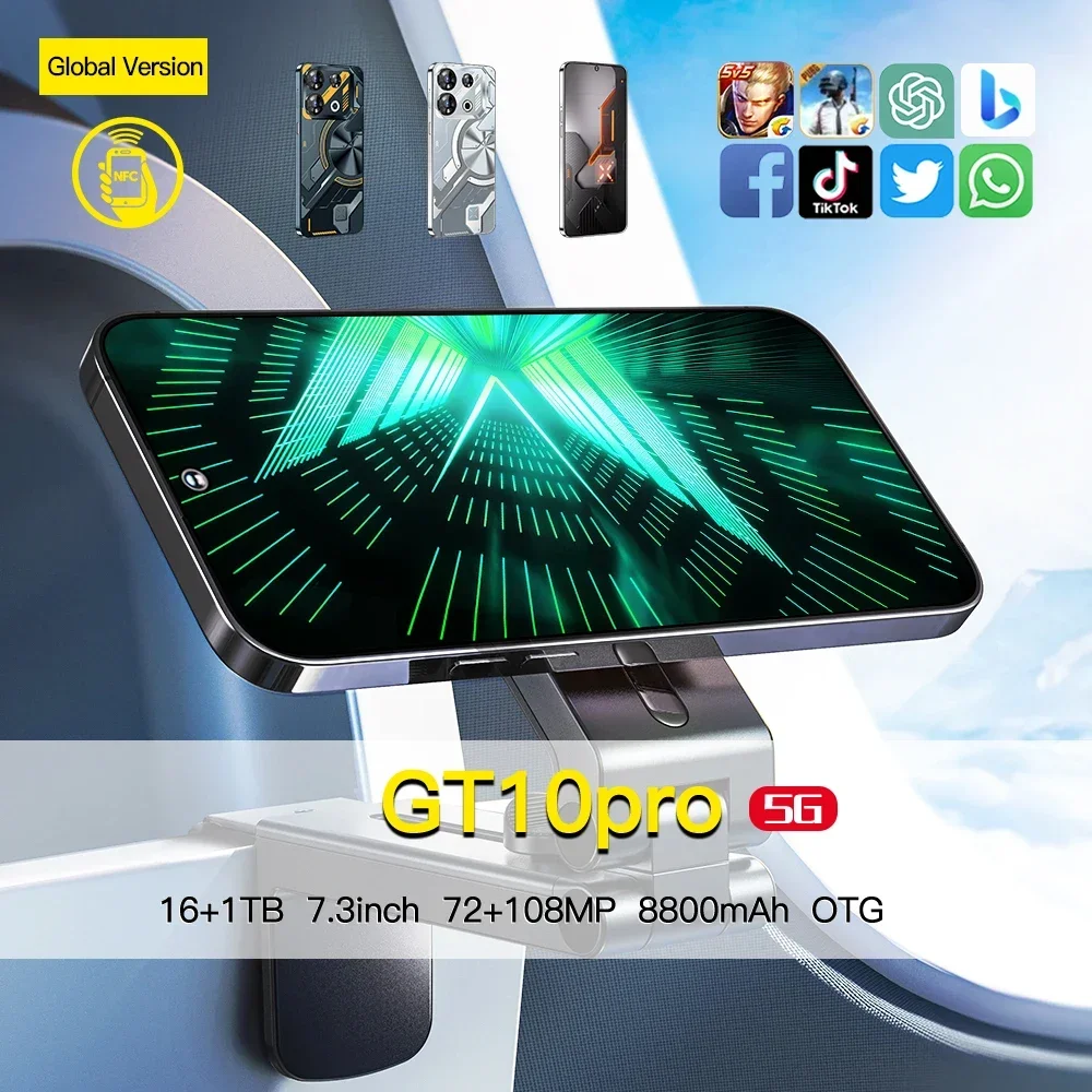 Global VER GT10 Pro 5G Smart Phone Deca-Core 16GB+1TB 7.3 Inch Smart phones NFC Android13 Mobile Phone 8800mAh Battery Face lD