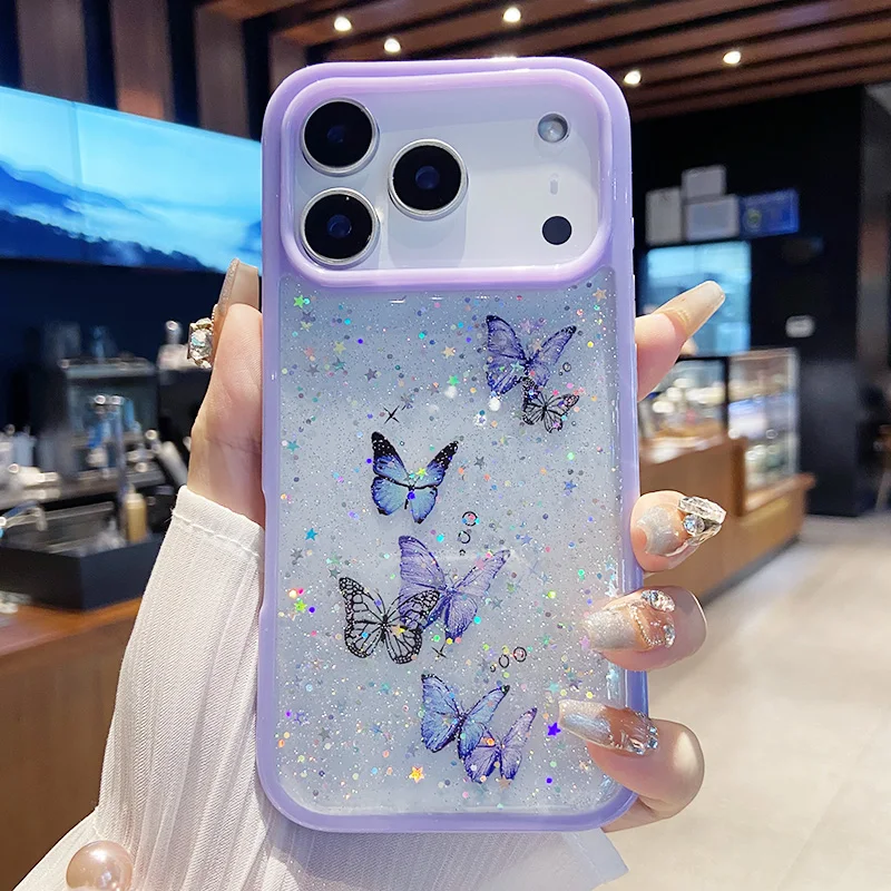 Glitter Butterfly Transparent Candy Color Epoxy Silicone Phone Case