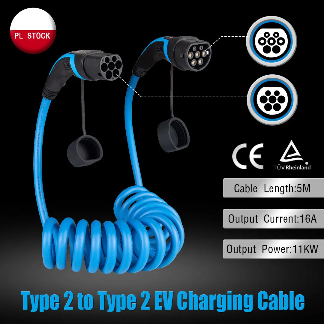 Curled Charging Cable Type 2 Mennekes 11kW – EV Plug Europa