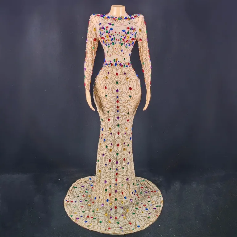 

Dunhuang New Women's Song Colorful Water Diamond Mesh Elastic Fishtail Dress Evening Performance Girl