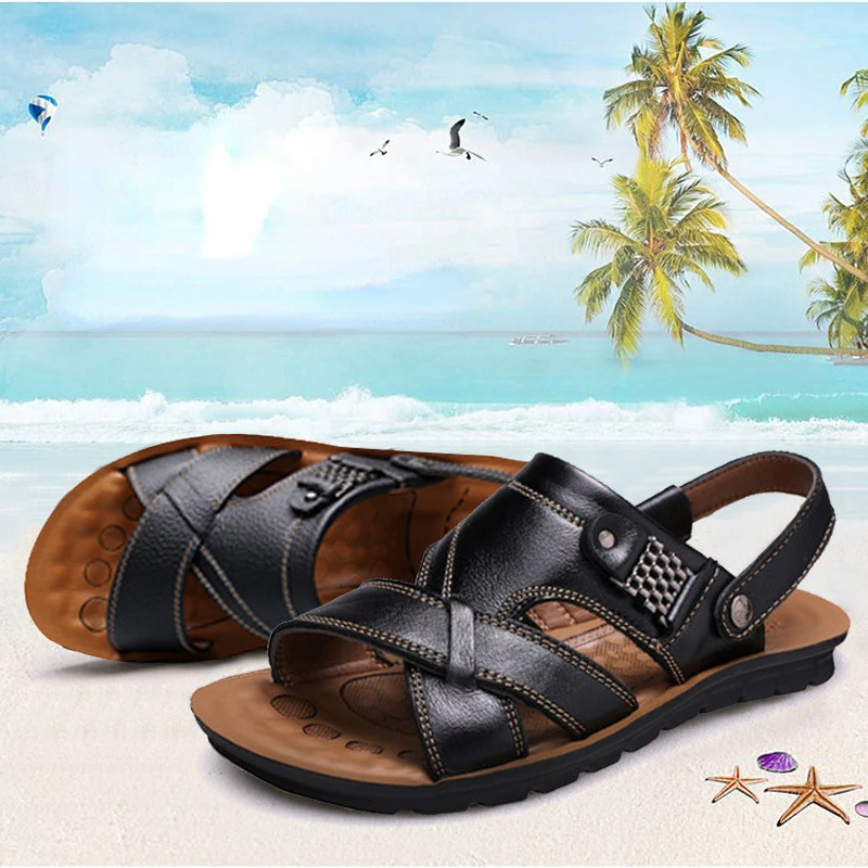 

Boxed Male Leather Advanced Classic Men Luxury Slippers Beach Shoes for Comfortable Walking Sandalias Big Size Zapatos Hombre
