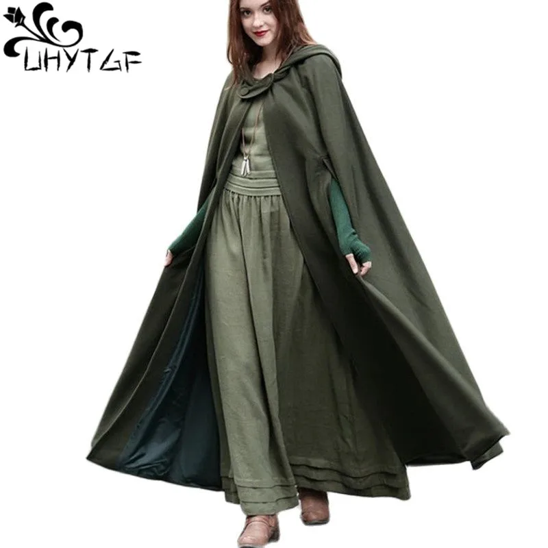 

UHYTGF Assassins Cosplay Vintage Medieval Gothic Creed Hooded Cloak Wool Jacket Female Thin Coat Capes Women Robes Halloween 437