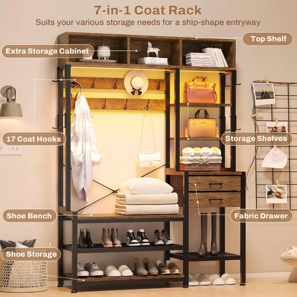 hall tree with bench and shoe storage, 7-in-1 entryway bench with coat rack, 3 storage cubbies, 3 open shelves, 17 coat hooks,
