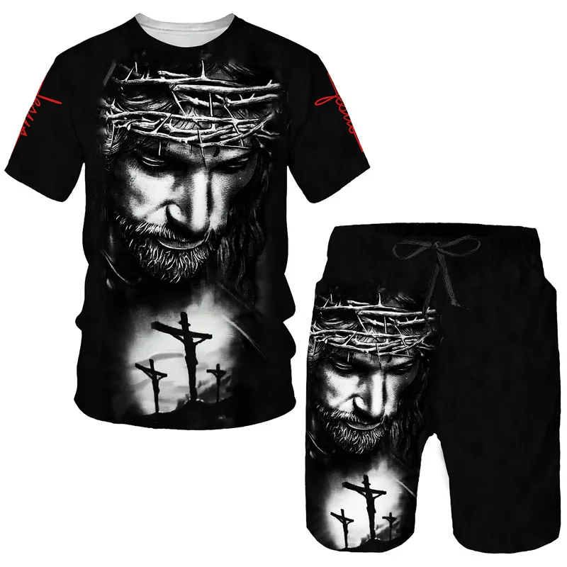 Summer Men's Tracksuit Sets 3D Print Jesus Cross T-shirt Set Oversized T-shirt Shorts Suit 2 Pieces Fashion Man Clothing Outfits