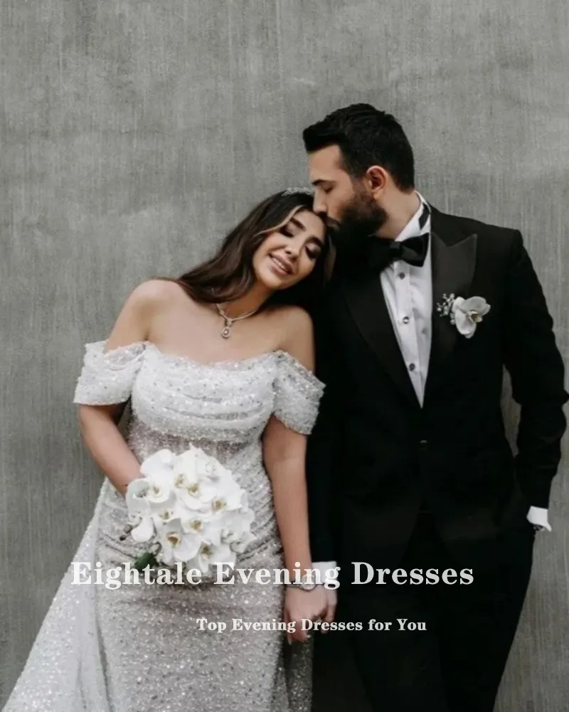 Eightale Glitter Mermaid Wedding Dress Off Shoulder Prom Dresses Shiny Sequins Customized Long Train Bridal Gowns 2025 6