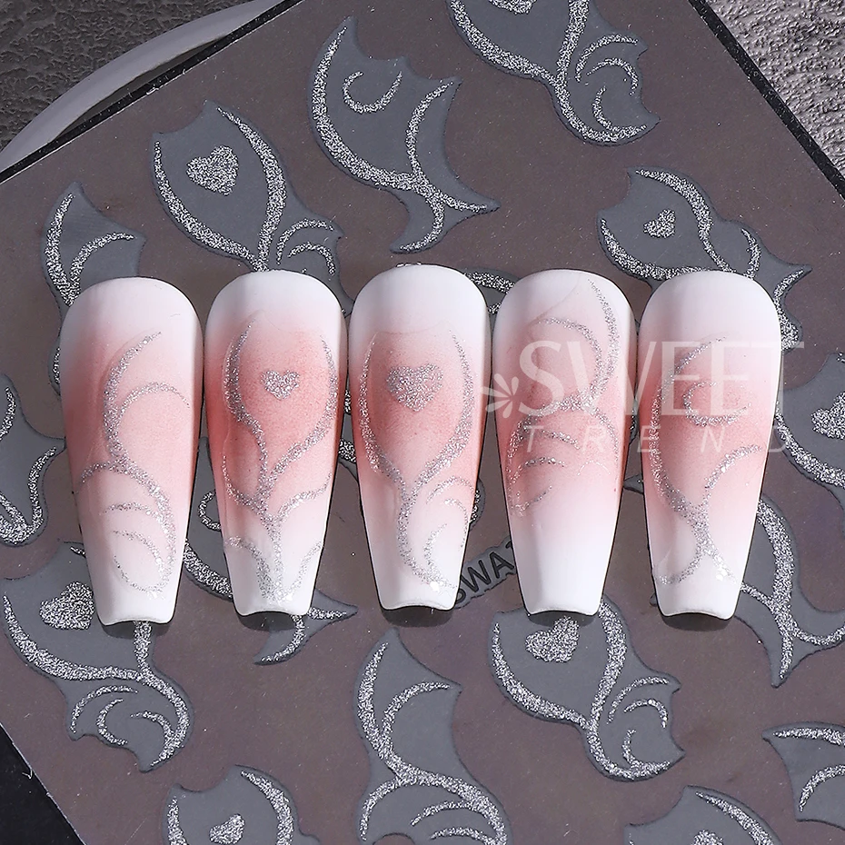 2pcs Glitter Gold Silver Love Heart Nail Stickers Valentine's Day French Lines Love Adhesive Nail Decals DIY Manicure Decoration